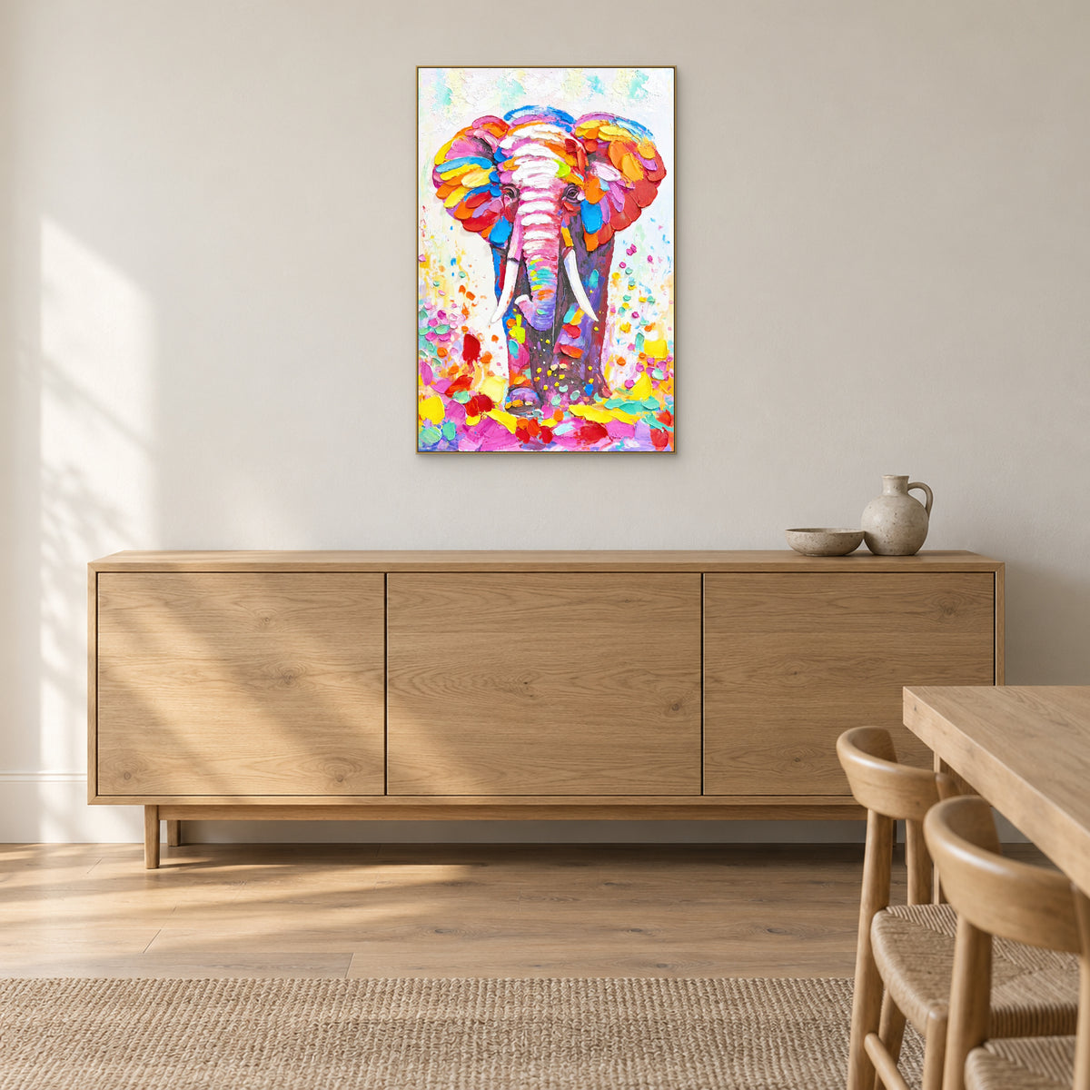 Tableau éléphant dans un cadre champagne au-dessus d’un buffet en chêne, près d’une table de repas