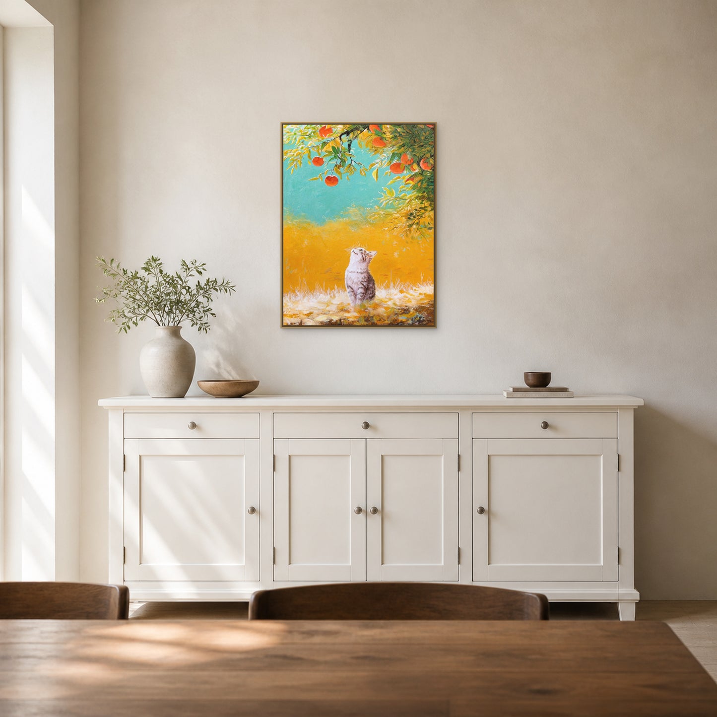 Beneath the Persimmon Tree in a slim champagne floating frame above a warm-white sideboard in a bright dining room