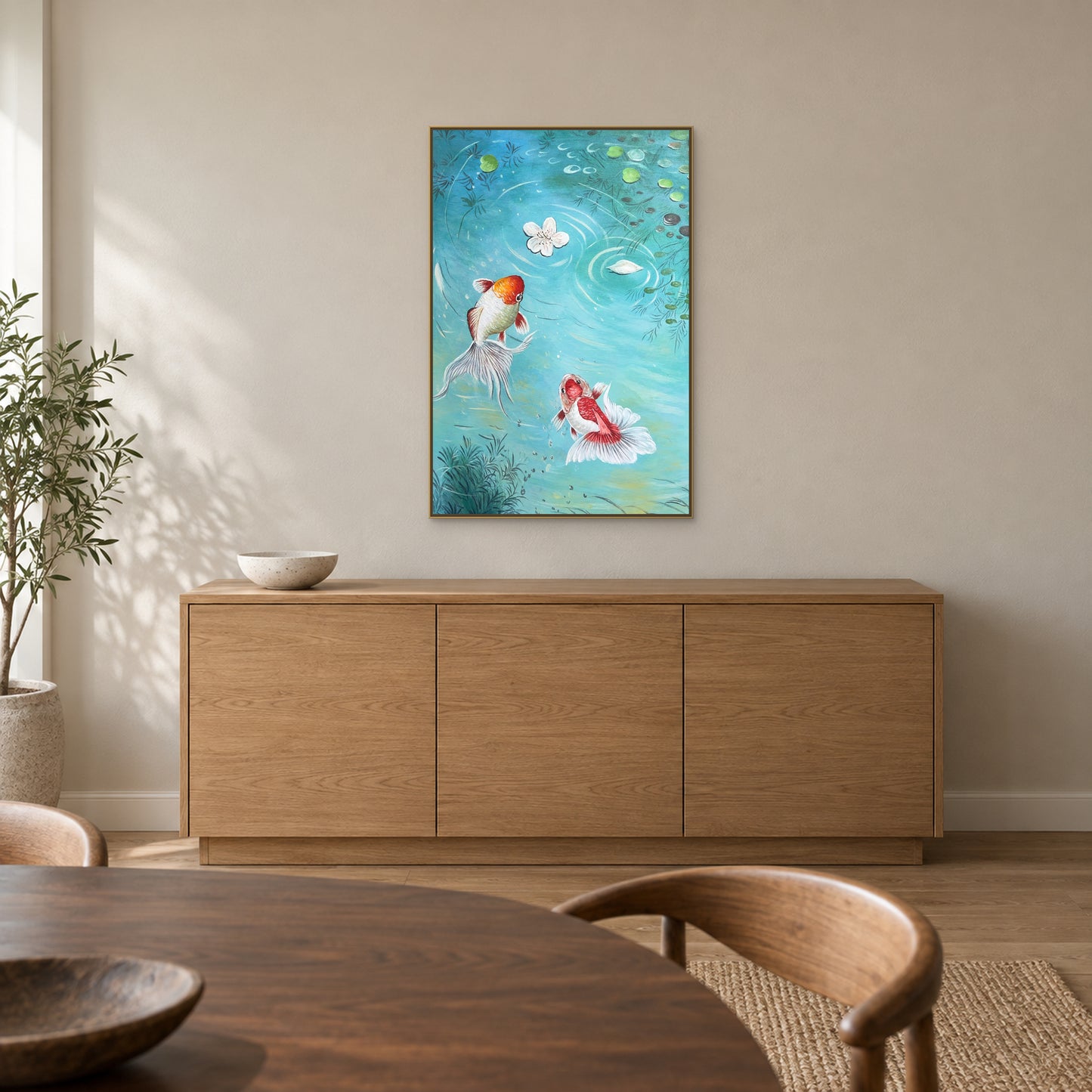 Tableau turquoise aux poissons en caisse américaine aspect champagne au-dessus d’un buffet
