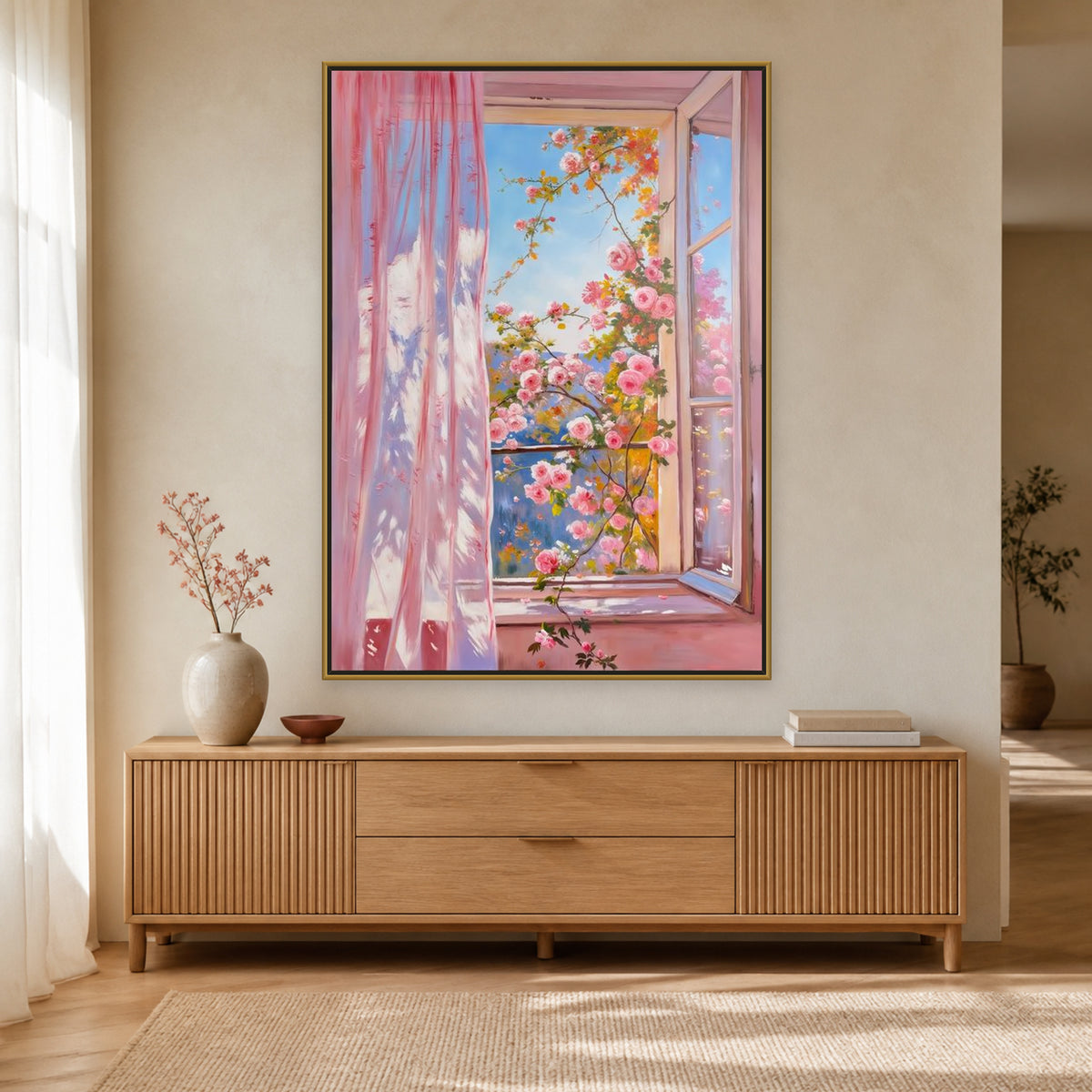 Tableau d’une fenêtre rose ouverte sur des roses et un ciel bleu, au-dessus d’un buffet en bois