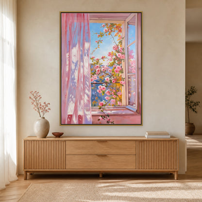 Tableau d’une fenêtre rose ouverte sur des roses et un ciel bleu, au-dessus d’un buffet en bois