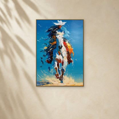 Galop sous le ciel bleu dans un fin cadre flottant doré sur un mur ivoire chaud éclairé d’une douce lumière diagonale