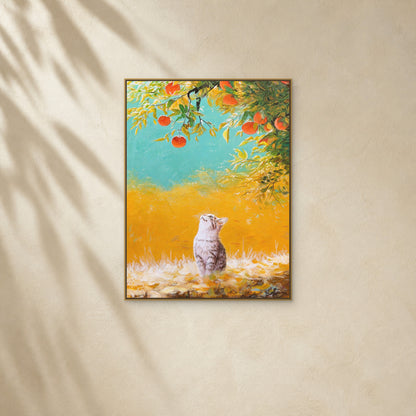 Beneath the Persimmon Tree in a slim gold floating frame on a warm ivory wall with soft diagonal sunlight