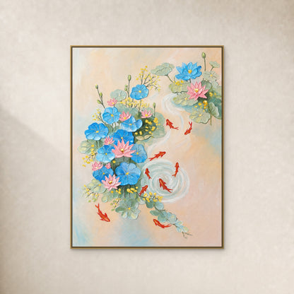 Nine Koi and Lotus in a slim gold floating frame on an uninterrupted warm ivory wall