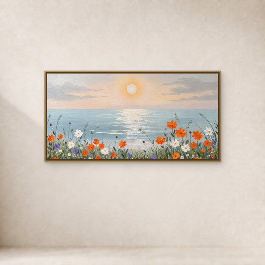 Coastal Bloom at Sunrise in a slim gold floating frame on a warm ivory wall with a soft natural shadow