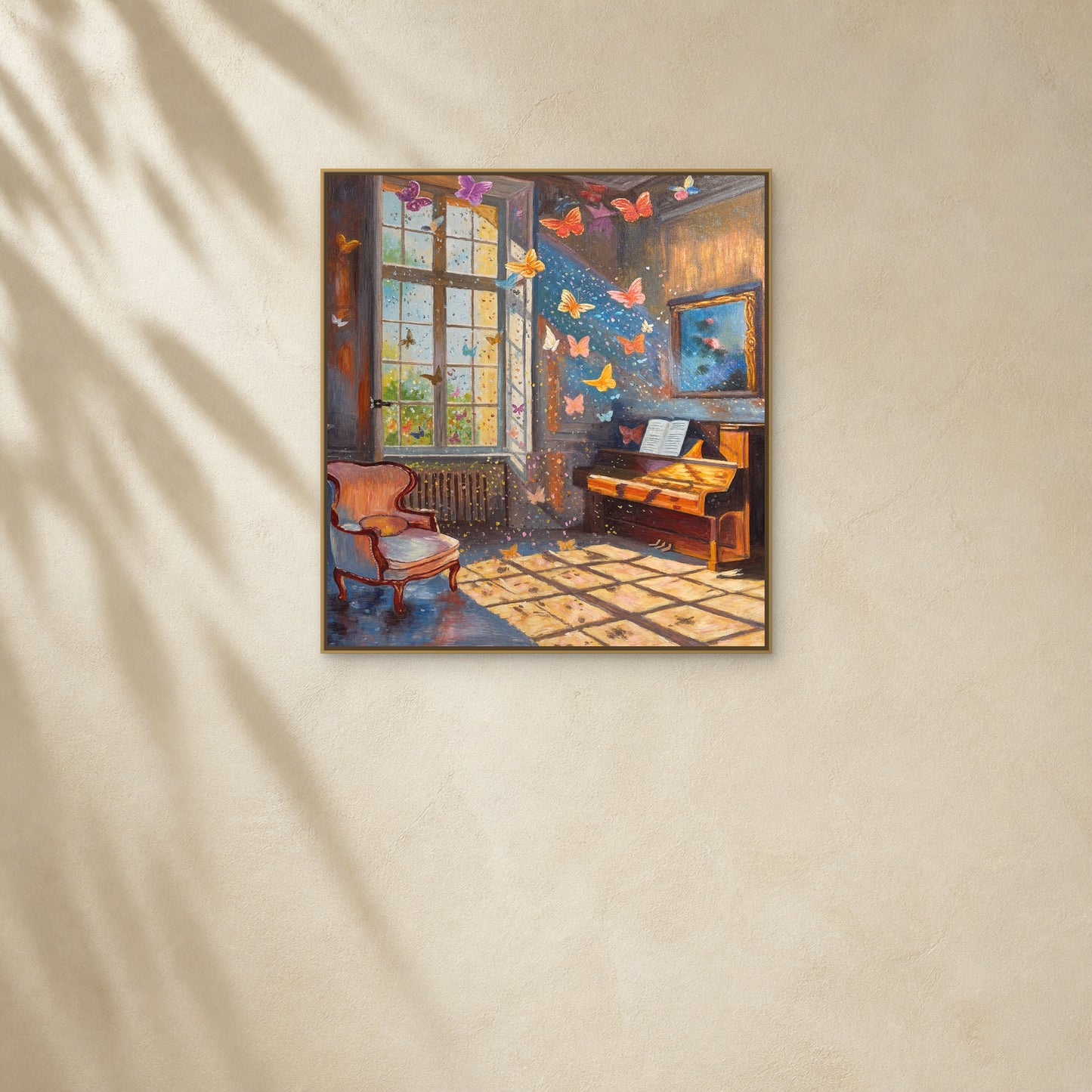 Papillons dans le salon de musique dans un fin cadre flottant doré sur un mur ivoire chaud éclairé d’une douce lumière diagonale