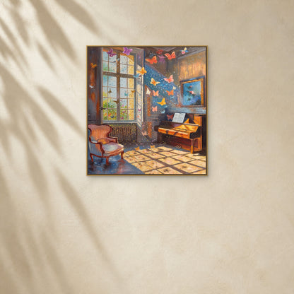 Papillons dans le salon de musique dans un fin cadre flottant doré sur un mur ivoire chaud éclairé d’une douce lumière diagonale