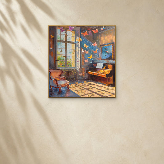 Butterflies in the Music Room in a slim gold floating frame on a warm ivory wall with soft diagonal sunlight