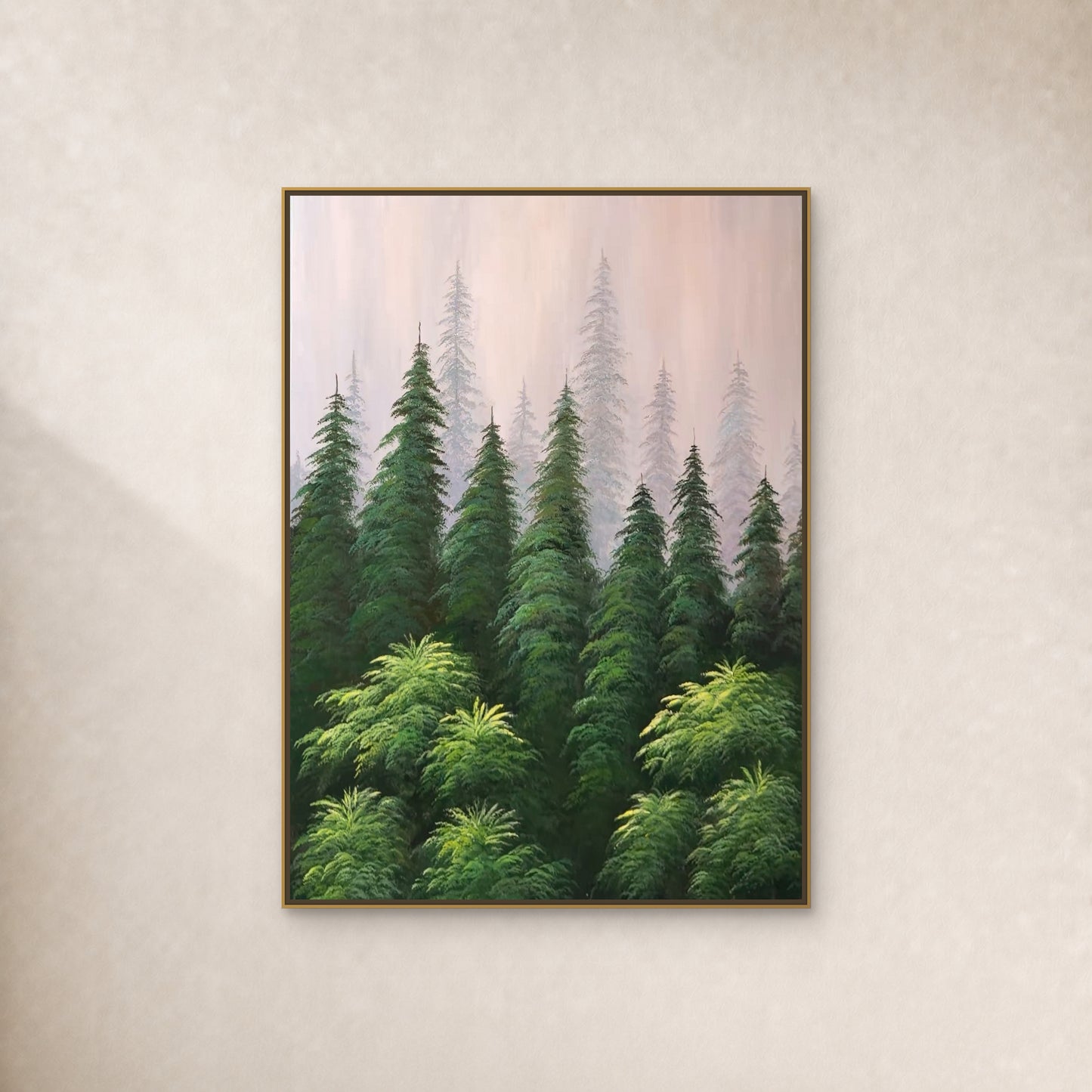 Morning Mist in the Pines in a slim gold floating frame on a restrained warm ivory wall