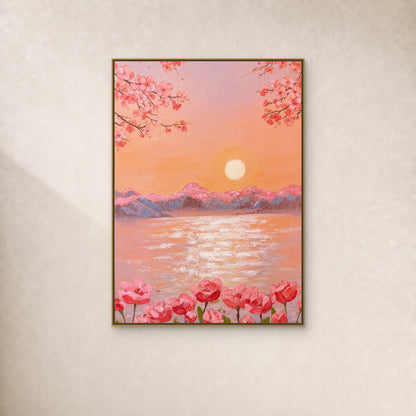 Lever de soleil aux fleurs de pêcher dans une fine caisse américaine dorée sur un mur ivoire chaud et sobre
