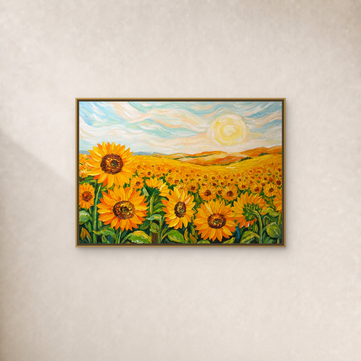 Sunflowers Beneath a Summer Sky in a slim gold floating frame on a restrained warm ivory wall