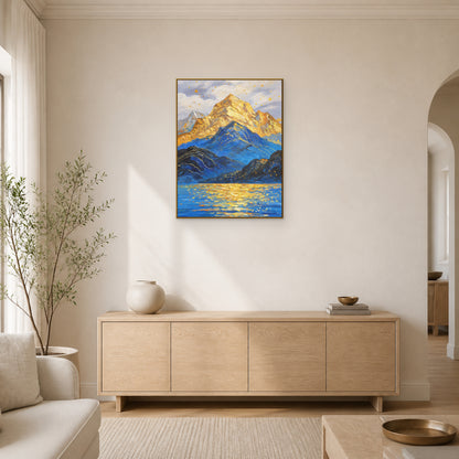 Golden Summit in a slim brass floating frame above a pale oak living room sideboard