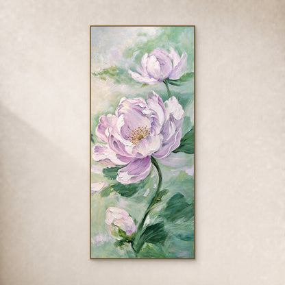 Tall lilac peony painting on a mint and ivory ground in a thin gold-coloured floating frame against a warm ivory wall