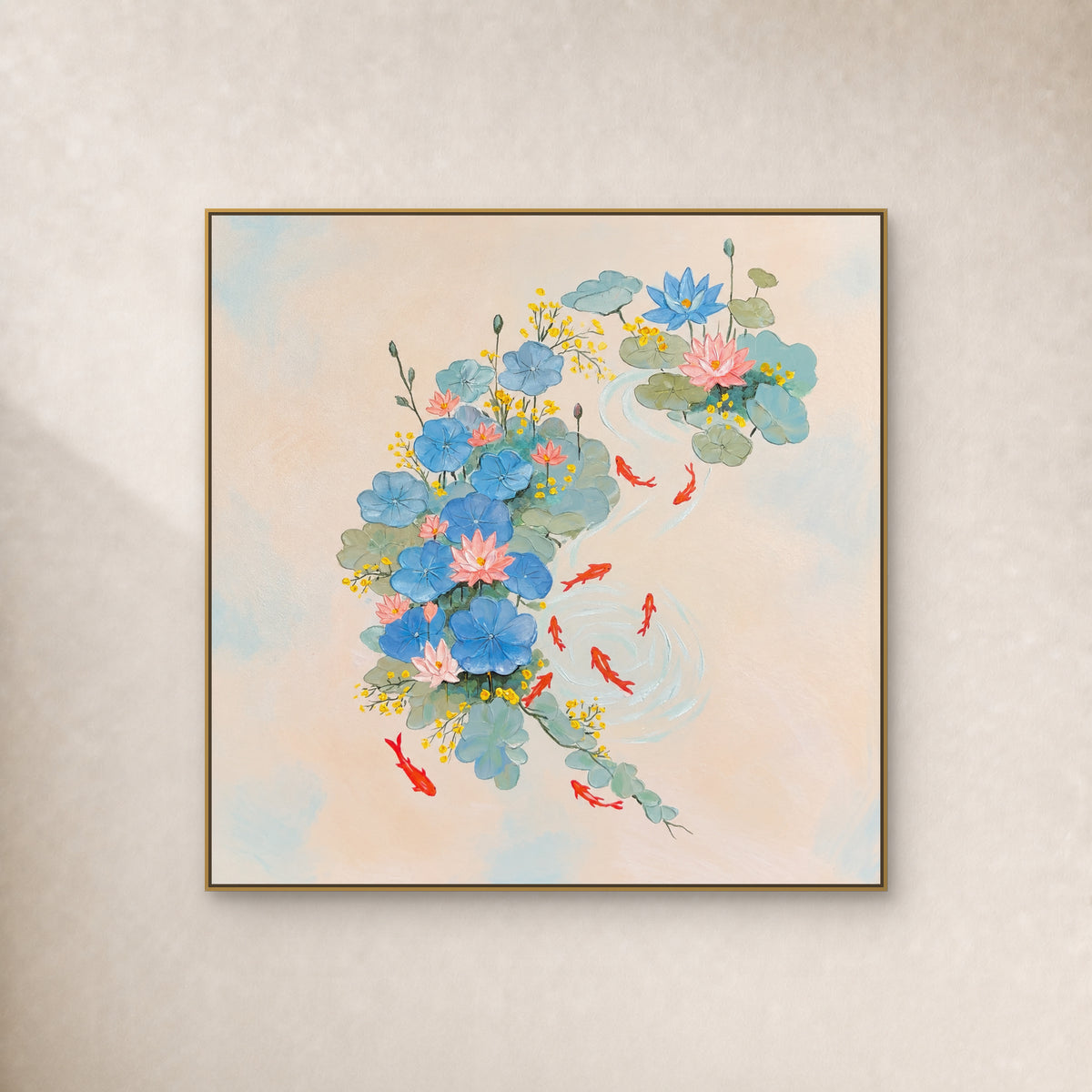 Square painting of pastel lotus and nine red koi in a slim gold frame on an ivory wall