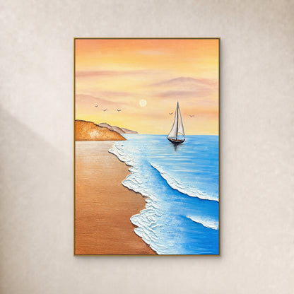 White sail, peach sky and curved blue shoreline in a thin gold frame on a warm ivory wall