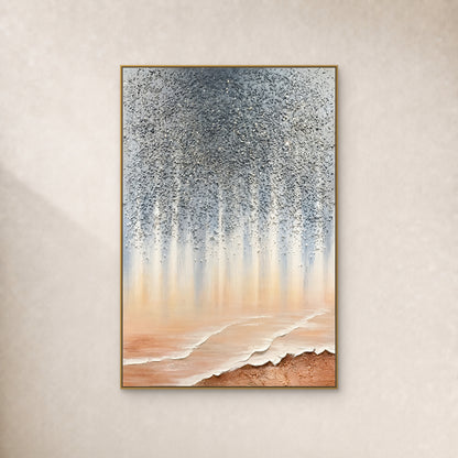 Grey and peach abstract with scattered raised flecks and ivory wave-like ridges, in a thin gold frame on an ivory wall