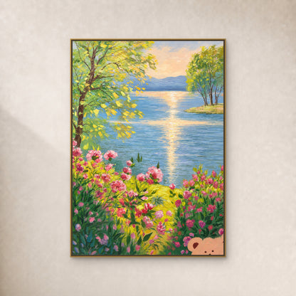 Sunlit blue lake with pink flowers and a small bear in the lower corner, in a thin gold-toned floating frame on an ivory wall