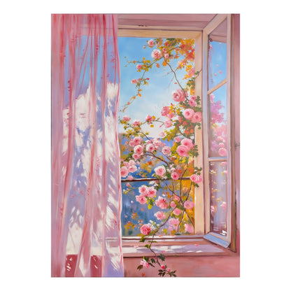 Fenêtre rose ouverte, rideau translucide et branches de roses roses devant un ciel bleu
