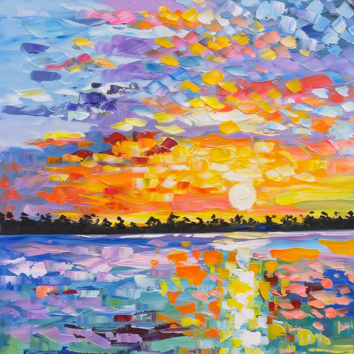 Front view of a colorful square sunset painting with blue, violet, orange and yellow reflections
