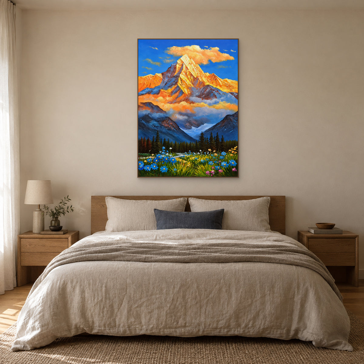 Golden mountain and wildflower painting in an oak-tone floating frame centred above an oatmeal linen bed