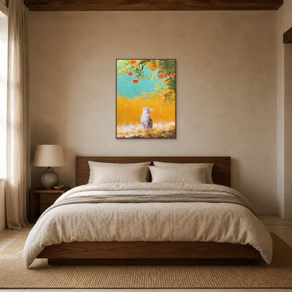Beneath the Persimmon Tree in a slim oak floating frame above a low walnut bed in a warm neutral bedroom