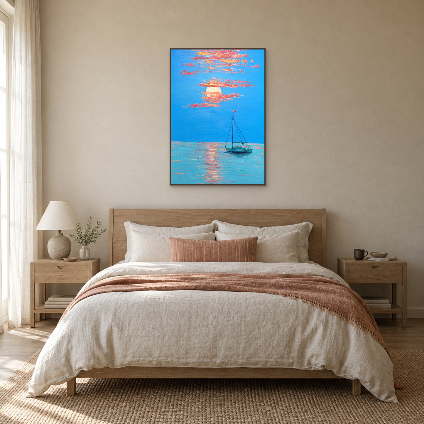 Tableau bleu d’une barque au couchant, cadre flottant ton chêne, centré au-dessus d’un lit ivoire à tête de lit en bois clair.