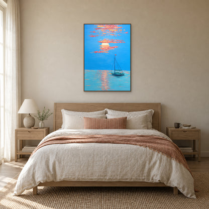 Tableau bleu d’une barque au couchant, cadre flottant ton chêne, centré au-dessus d’un lit ivoire à tête de lit en bois clair.