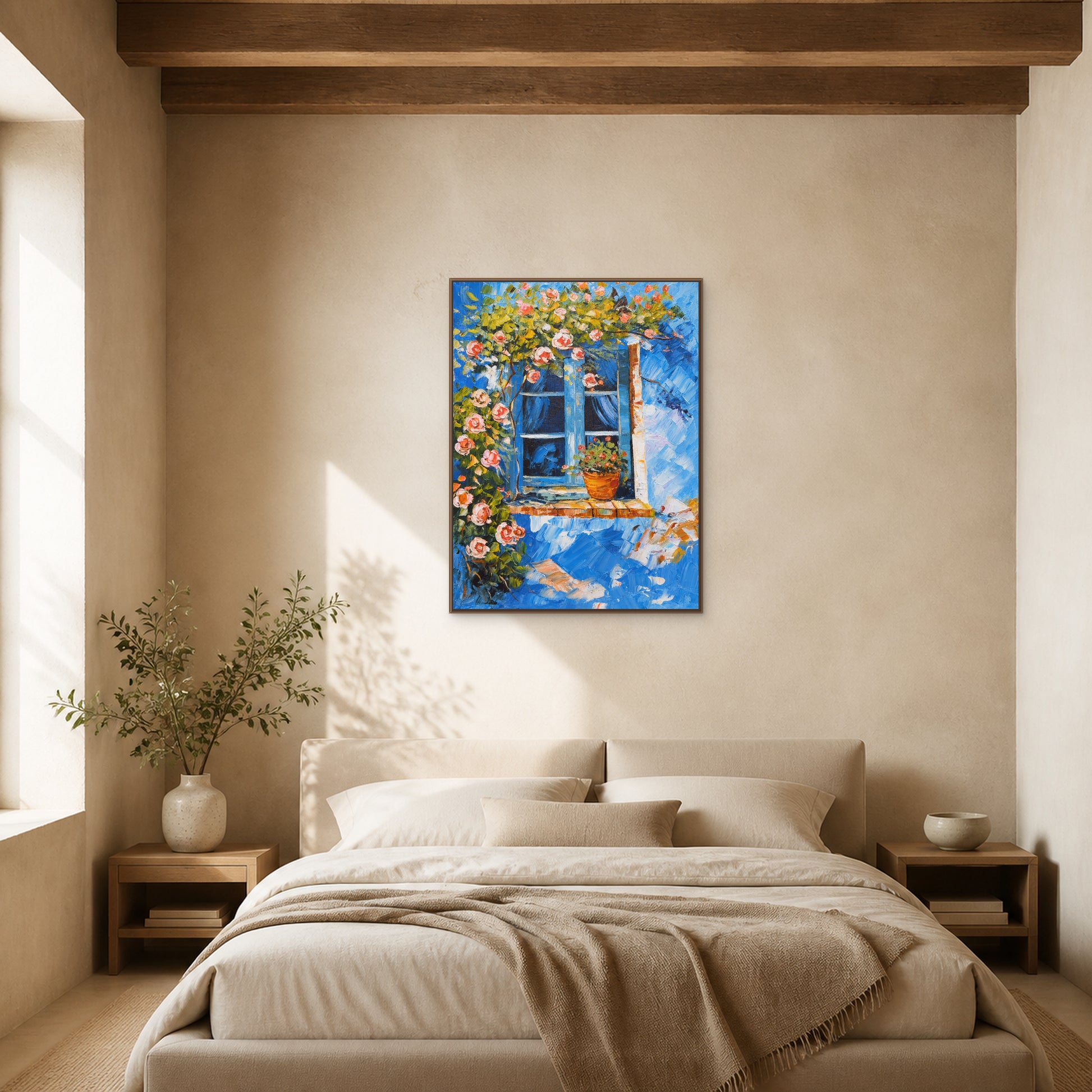 Blue Window in Bloom in a slim oak floating frame above a neutral upholstered bed