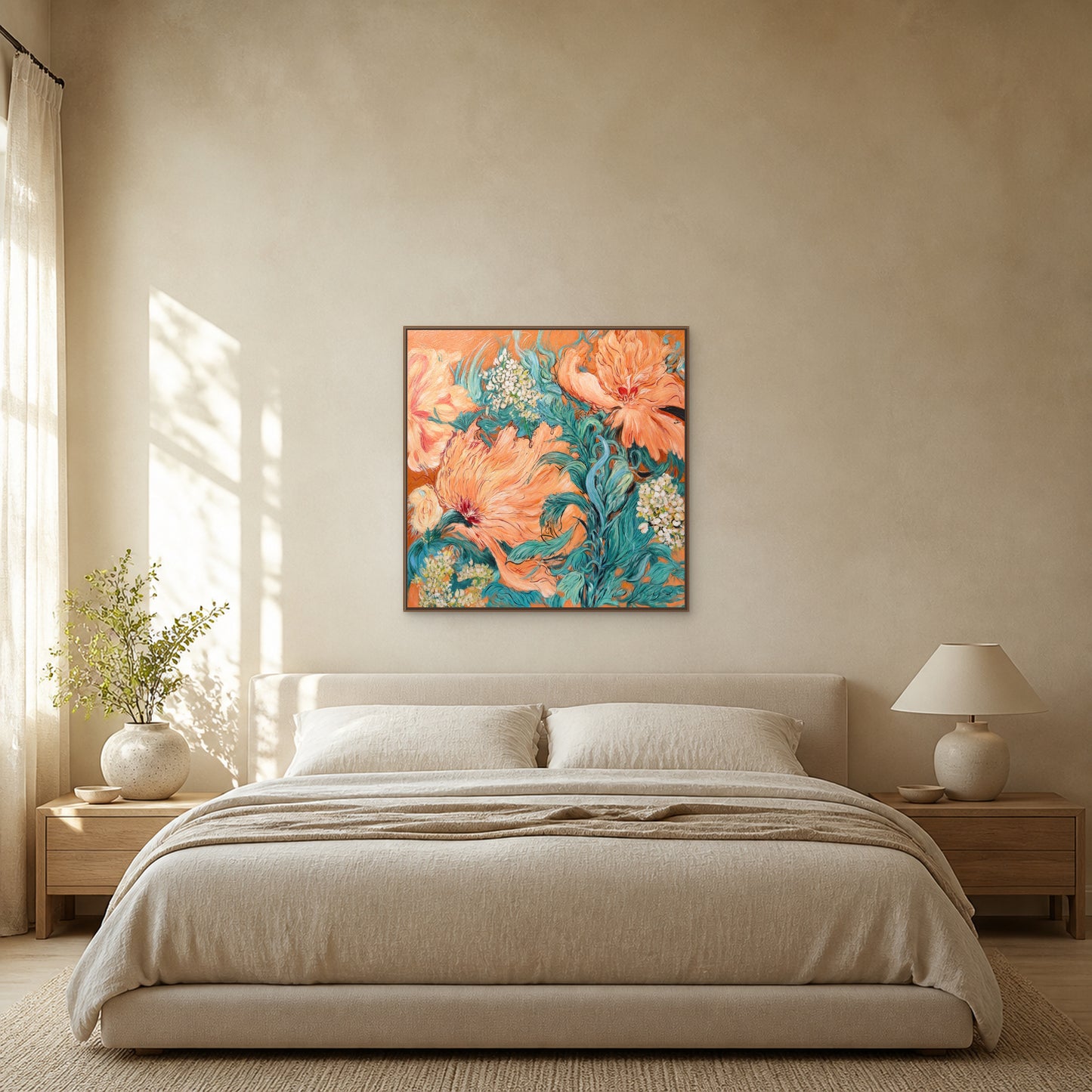 Jardin de pivoines corail dans un fin cadre flottant en chêne centré au-dessus d’un lit avoine dans une chambre couleur pierre calcaire