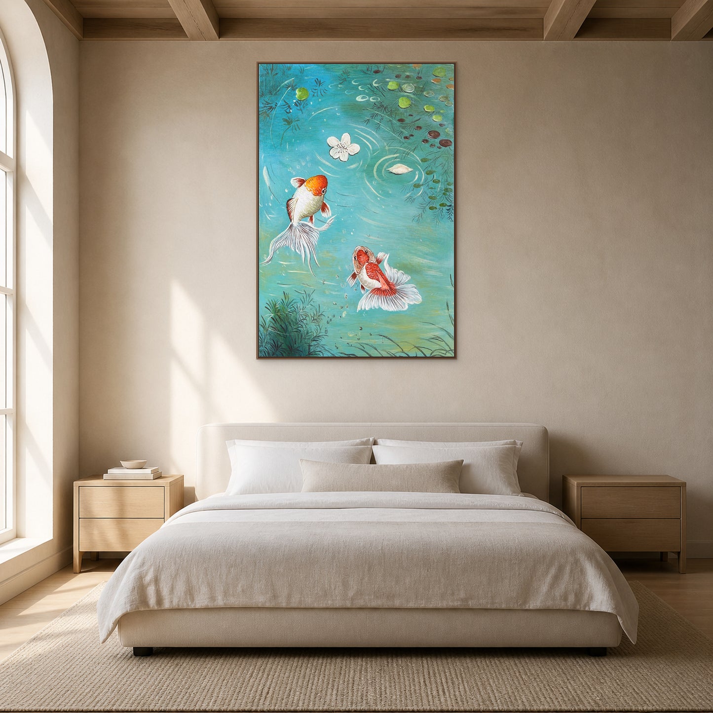 Vertical turquoise koi pond painting in a thin oak floating frame centred above a neutral bed
