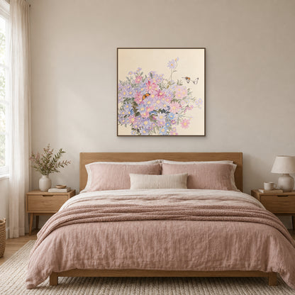 Pastel wildflowers and butterflies in an oak-look floating frame above a bed