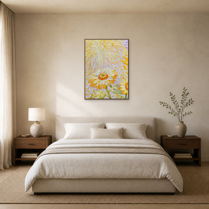 Tournesols dans la lumière dorée dans un fin cadre flottant en chêne centré au-dessus d’un lit couleur avoine dans une chambre aux tons neutres chauds