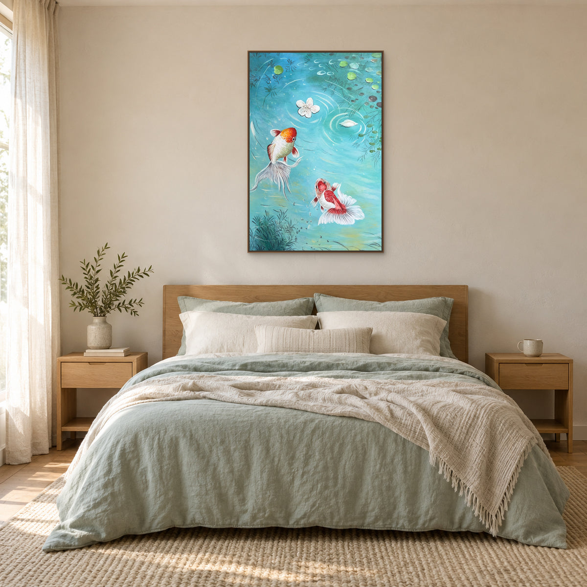 Tableau vertical de poissons rouges en caisse américaine aspect chêne centré au-dessus d’un lit