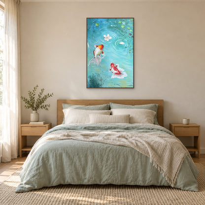 Tableau vertical de poissons rouges en caisse américaine aspect chêne centré au-dessus d’un lit