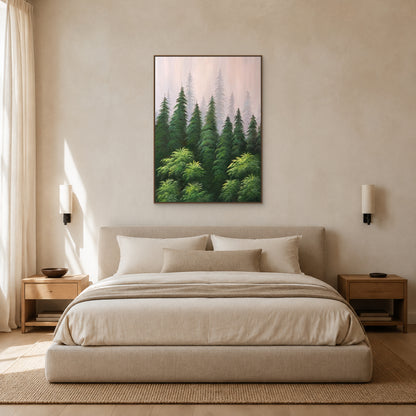 Misty pine forest painting in a slim oak floating frame centred above an oatmeal upholstered bed