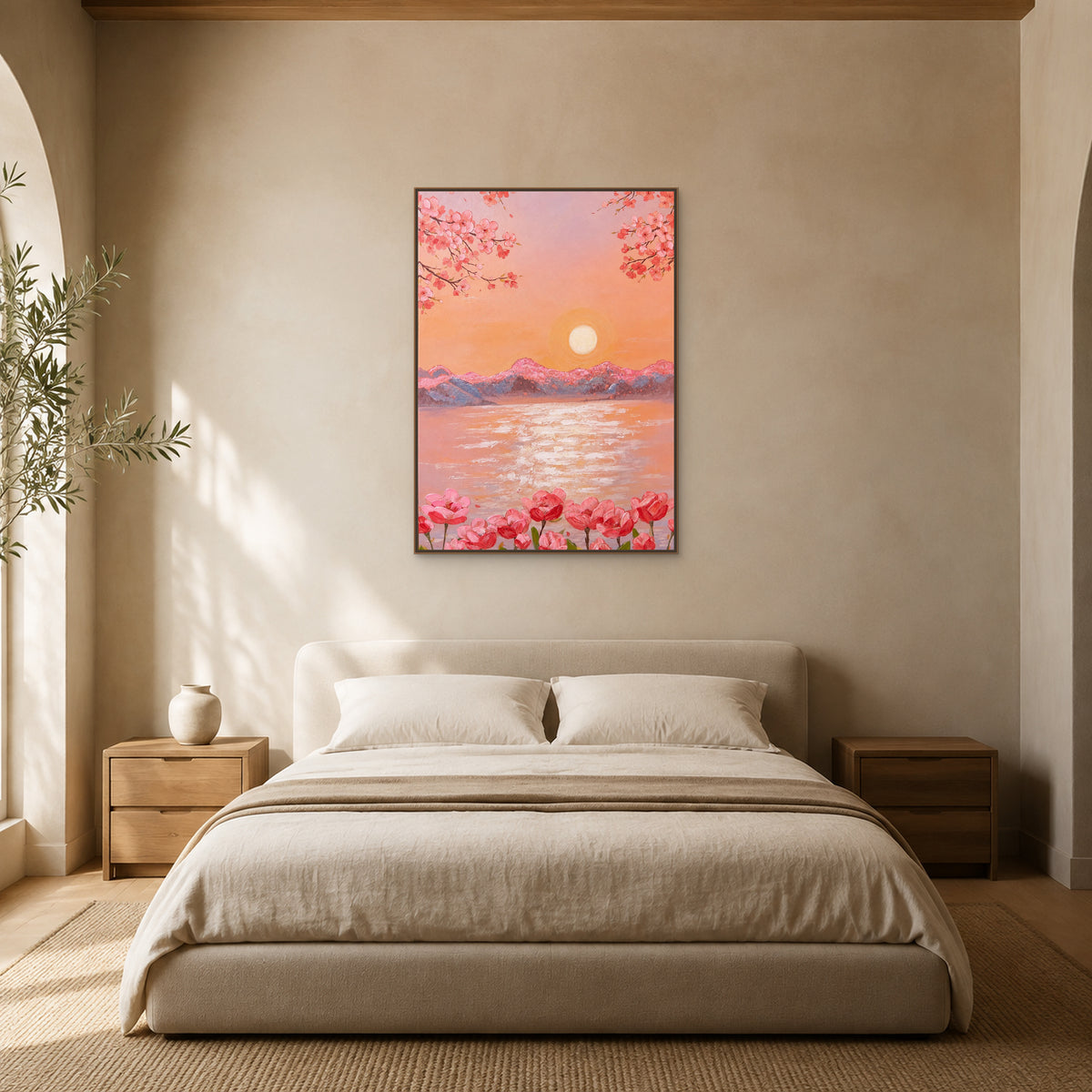 Lever de soleil aux fleurs de pêcher dans une fine caisse américaine aspect chêne centrée au-dessus d’un lit tapissé couleur avoine