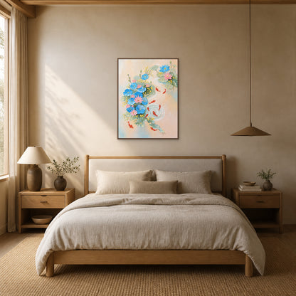 Nine Koi and Lotus in a slim oak floating frame centred above a natural oak bed in a warm bedroom
