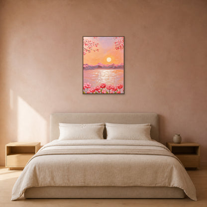 Lac au couchant sous les cerisiers dans un fin cadre flottant en chêne centré au-dessus d’un lit avoine sur un mur rose beige