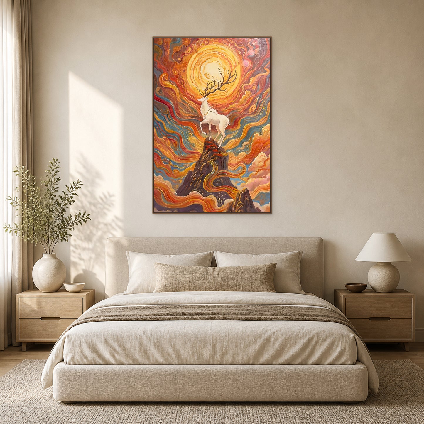 Tableau vertical du cerf blanc et des montagnes dans une fine caisse américaine en chêne, centré au-dessus d’un lit neutre