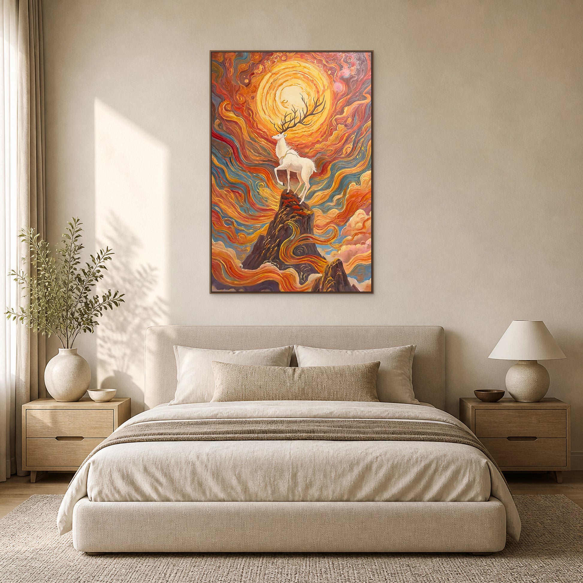 Tableau vertical du cerf blanc et des montagnes dans une fine caisse américaine en chêne, centré au-dessus d’un lit neutre