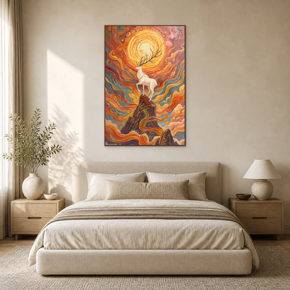Tableau vertical du cerf blanc et des montagnes dans une fine caisse américaine en chêne, centré au-dessus d’un lit neutre