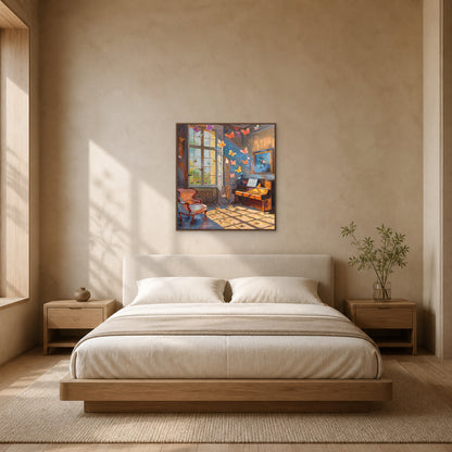 Papillons dans le salon de musique dans un fin cadre flottant en chêne centré au-dessus d’un lit couleur avoine dans une chambre en enduit calcaire chaud