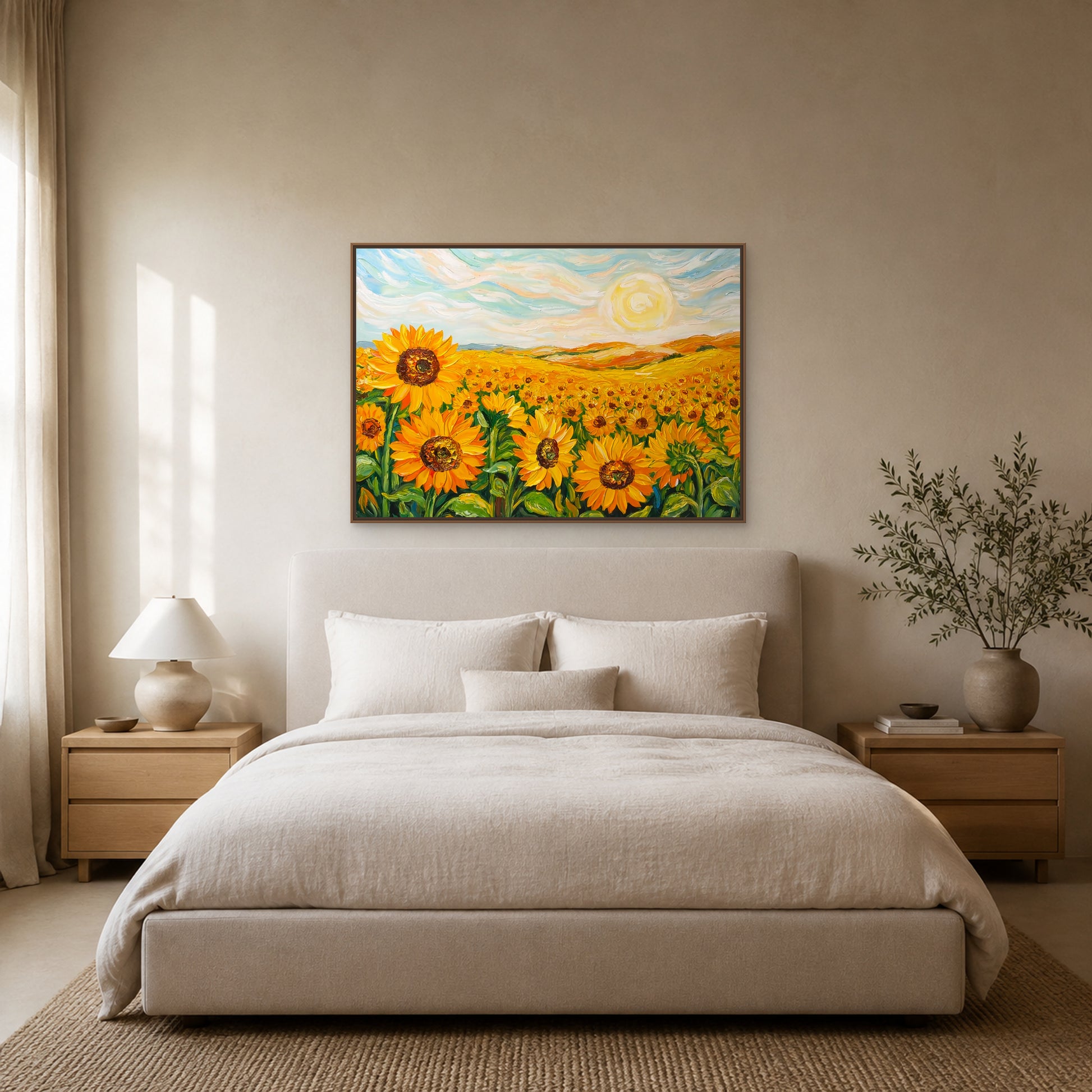 Wide sunflower field painting in a slim oak floating frame centred above an oatmeal upholstered bed