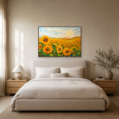 Wide sunflower field painting in a slim oak floating frame centred above an oatmeal upholstered bed
