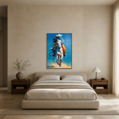 Galop sous le ciel bleu dans un fin cadre flottant en chêne centré au-dessus d’un lit couleur avoine dans une chambre en enduit calcaire chaud