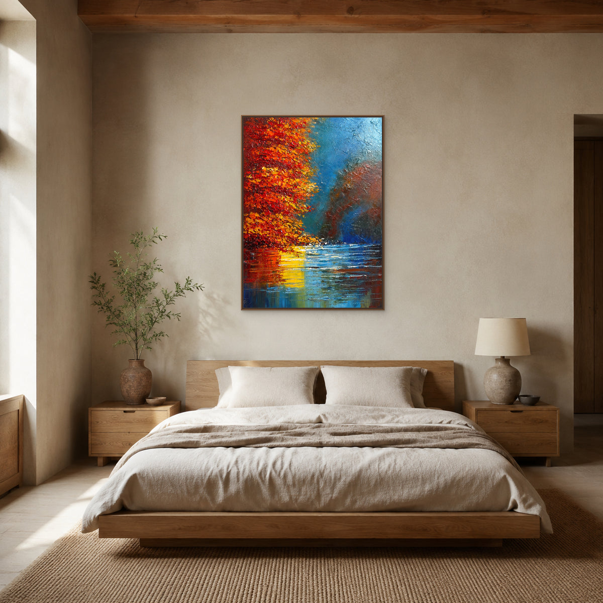 Tableau vertical de lac en automne rouge dans une fine caisse américaine en chêne centrée au-dessus d’un lit rembourré