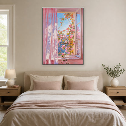 Tableau de fenêtre rose et de roses à cadre blanc au-dessus d’un lit beige