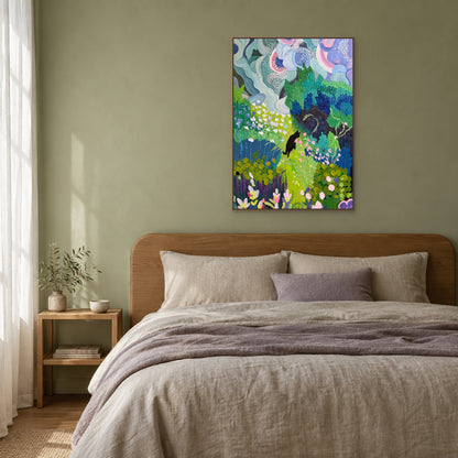 Colourful cat garden painting in an oak-toned floating frame centred above a rounded wood headboard and flax bedding