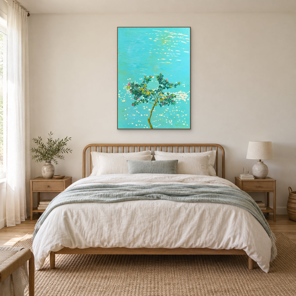 Turquoise water and pink blossom tree painting in an oak-tone frame centred above a cream bed and wooden headboard