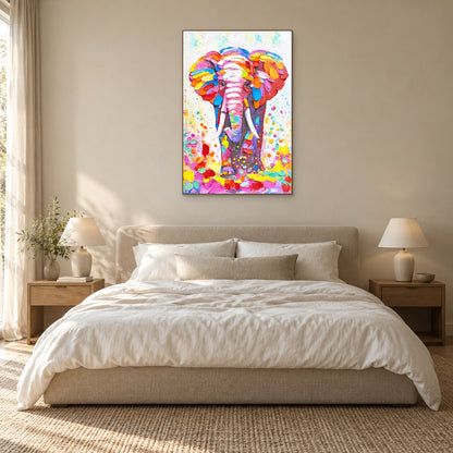 Tableau éléphant coloré dans un cadre ton chêne, centré au-dessus d’une tête de lit beige